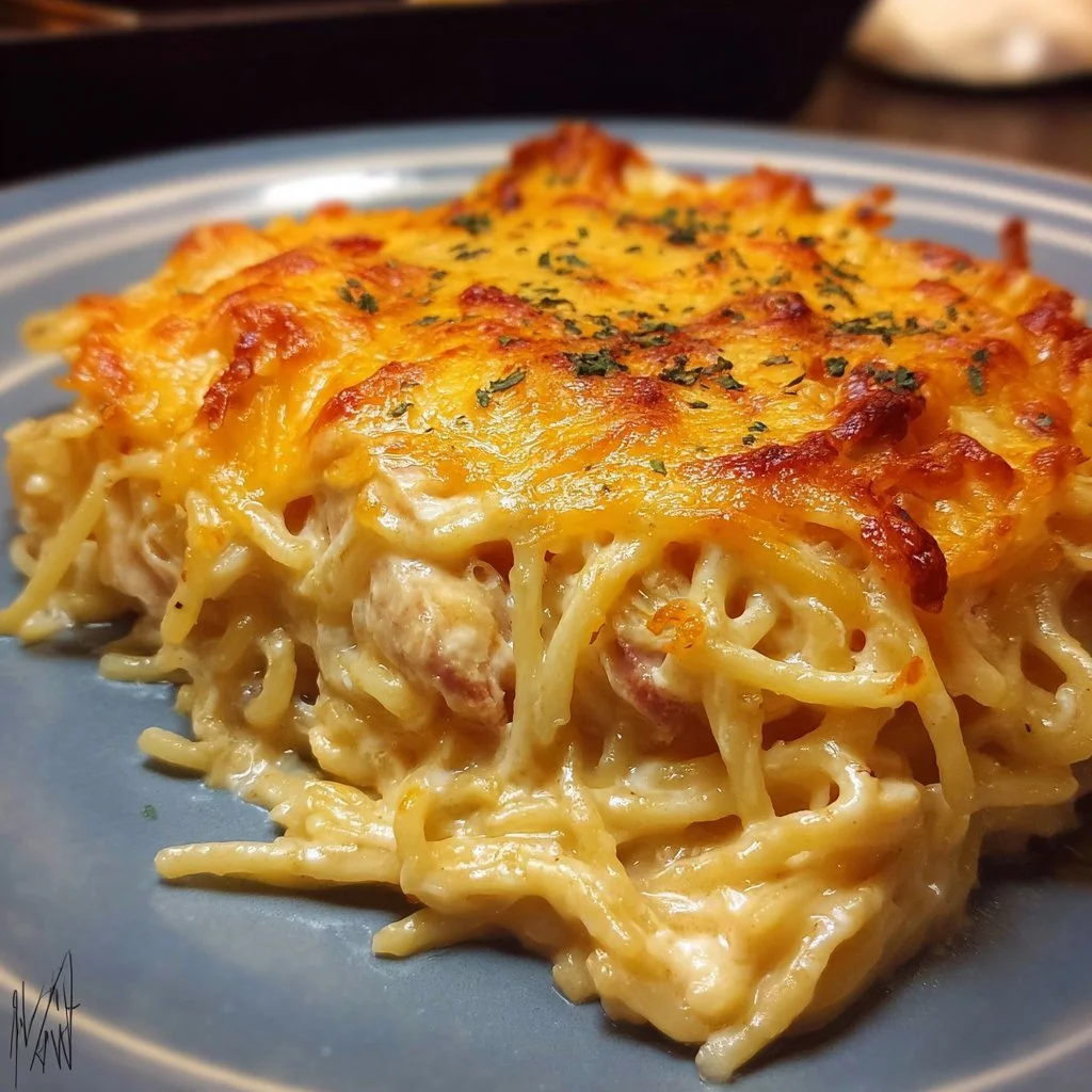 Creamy Southern Spaghetti Bake served in a casserole dish with fresh herbs