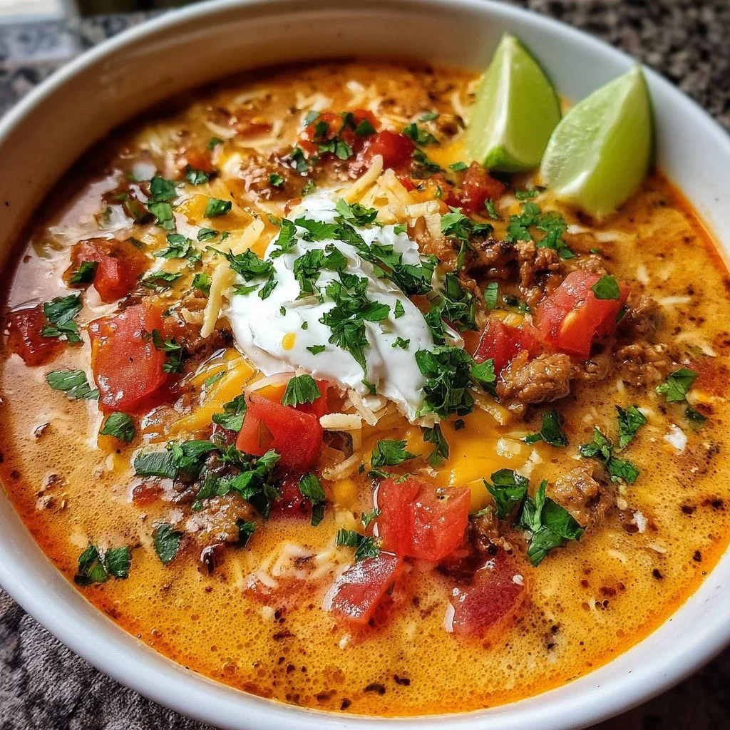 Bowl of creamy taco soup garnished with cheese and cilantro