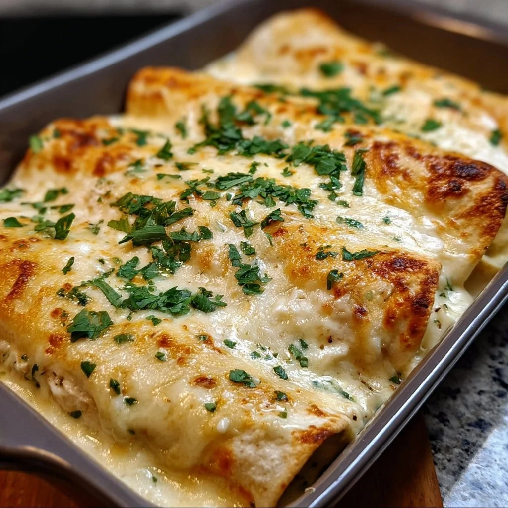 Plate of creamy white chicken enchiladas topped with cheese and cilantro
