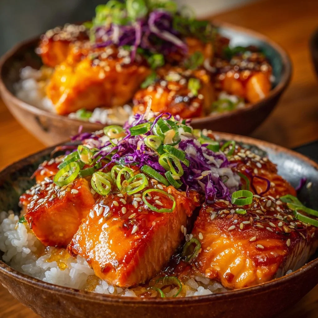Crispy salmon rice bowl with fresh ingredients and garnishes