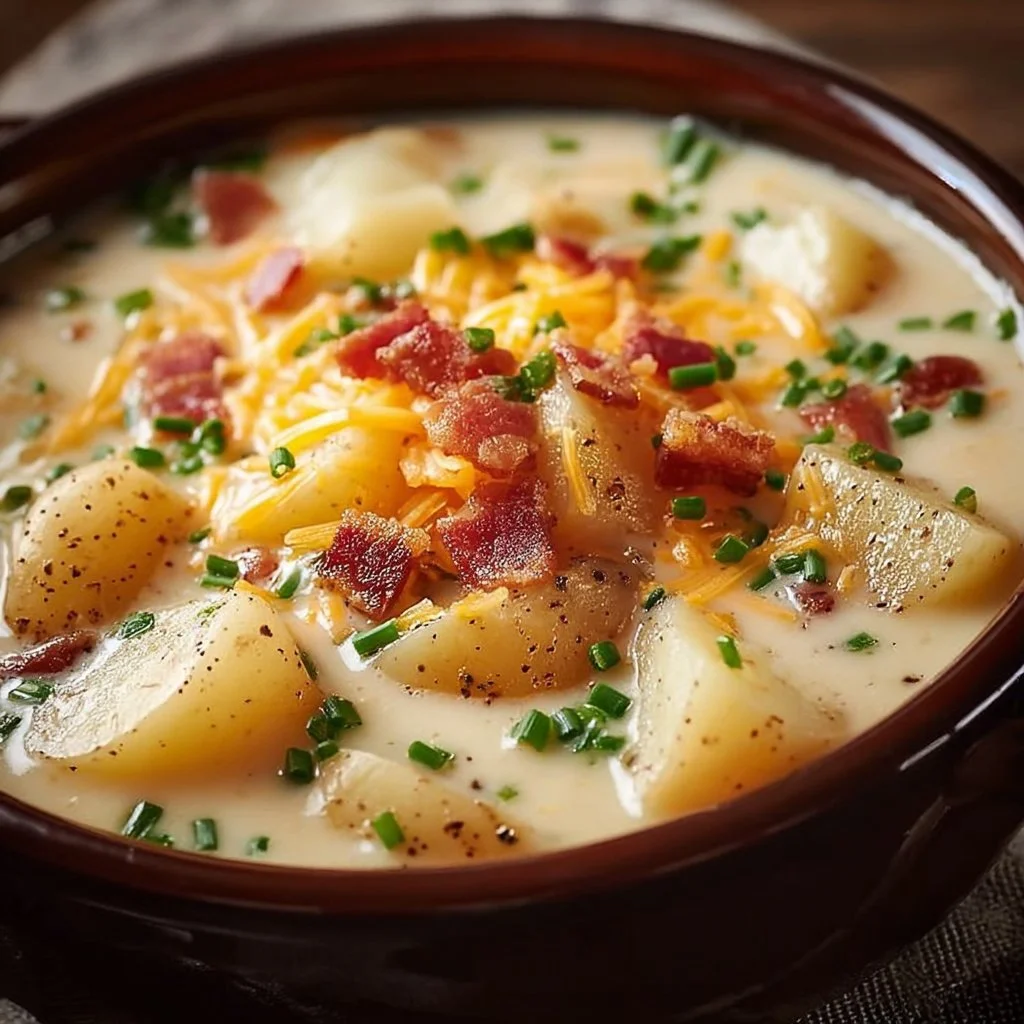 Delicious Crock Pot Crack Potato Soup garnished with cheese and green onions