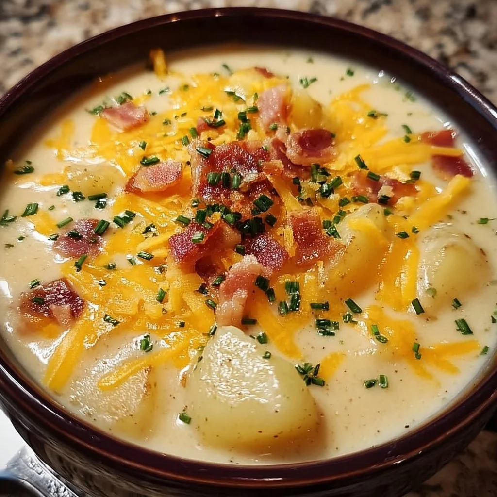 Crock Pot Crack Potato Soup 1 A bowl of crock pot crack potato soup topped with bacon and green onions.