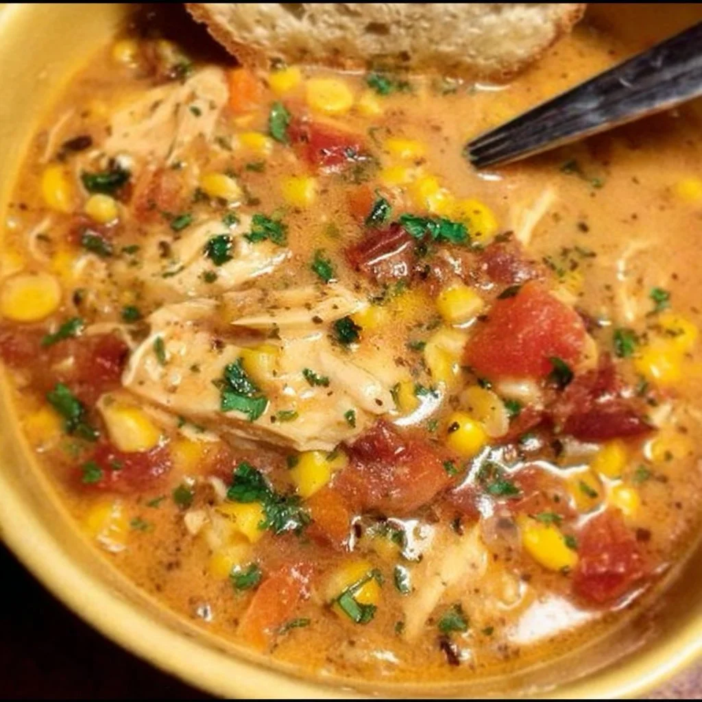 Delicious bowl of crockpot chicken soup with vegetables and herbs