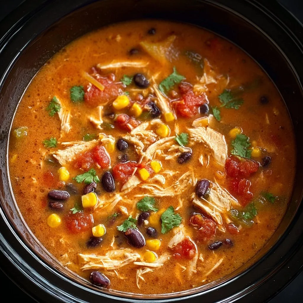 Delicious bowl of Crockpot Chicken Tortilla Soup with toppings