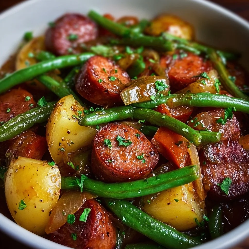 Crockpot Sausage and Green Beans dish in a slow cooker