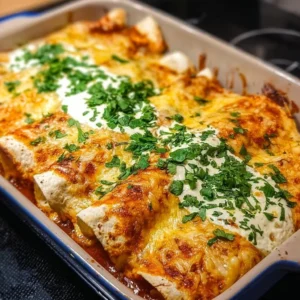 Plate of delicious chicken enchiladas topped with sauce and garnished.