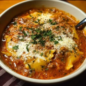 Delicious Easy Creamy Lasagna Soup in a bowl with herbs and cheese