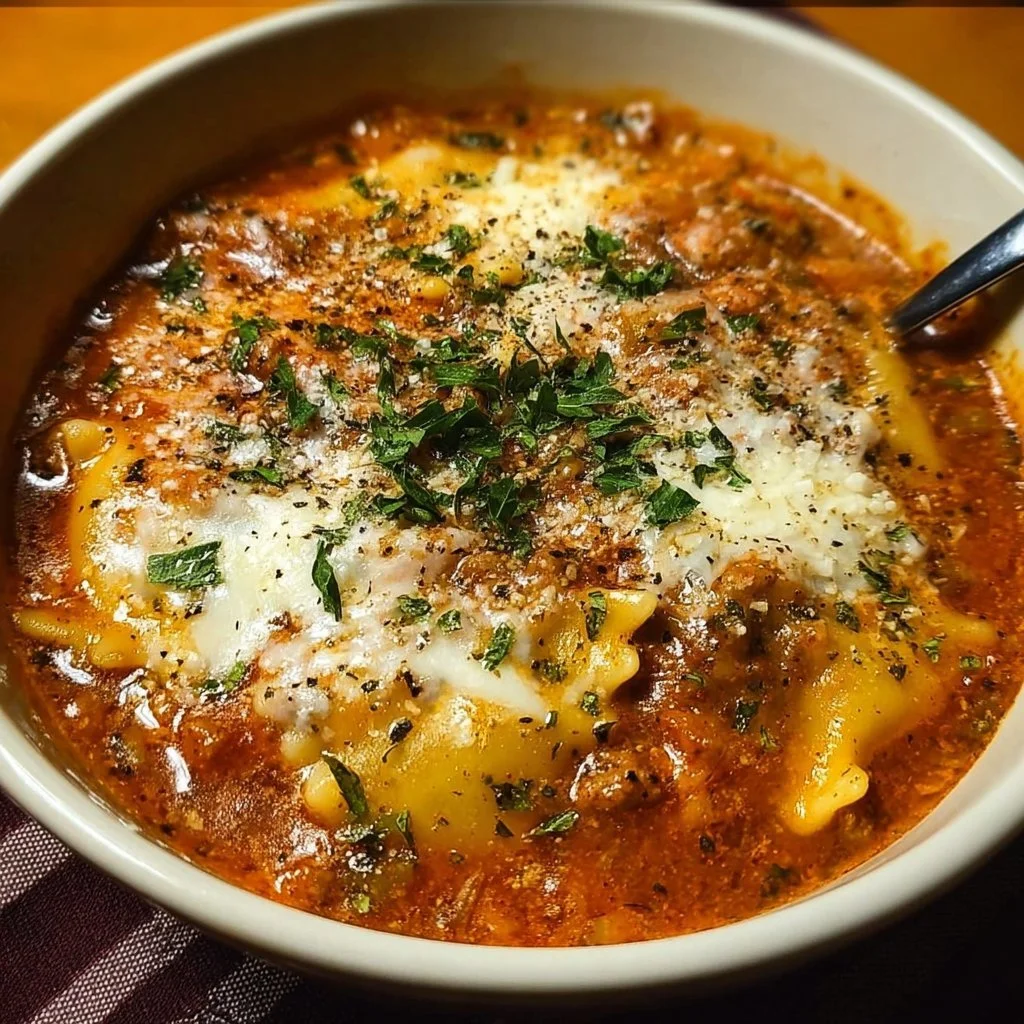 Delicious Easy Creamy Lasagna Soup in a bowl with herbs and cheese