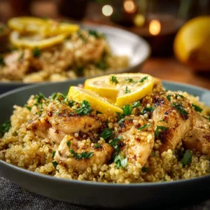 Easy Garlic Lemon Chicken Quinoa 3 Delicious garlic lemon chicken quinoa dish garnished with fresh herbs