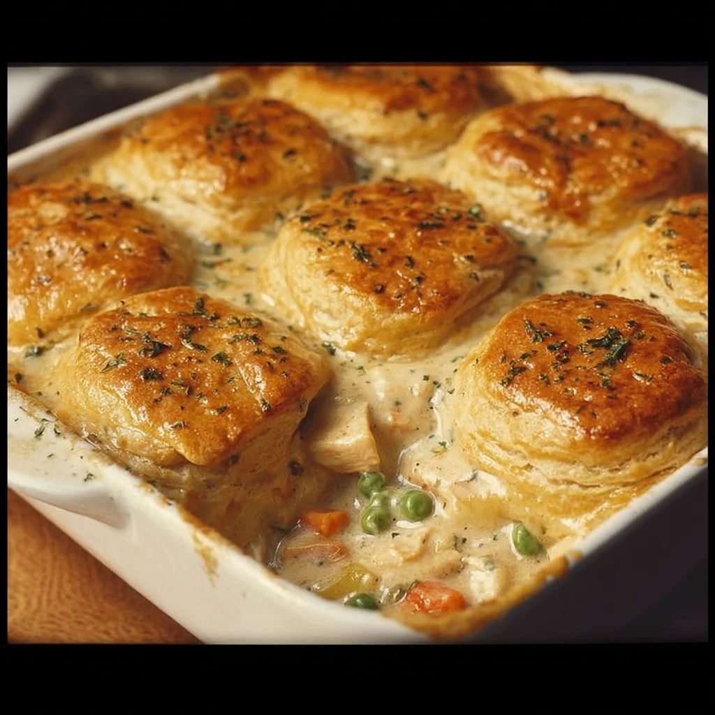 Easy homemade chicken pot pie casserole served in a baking dish with golden crust.