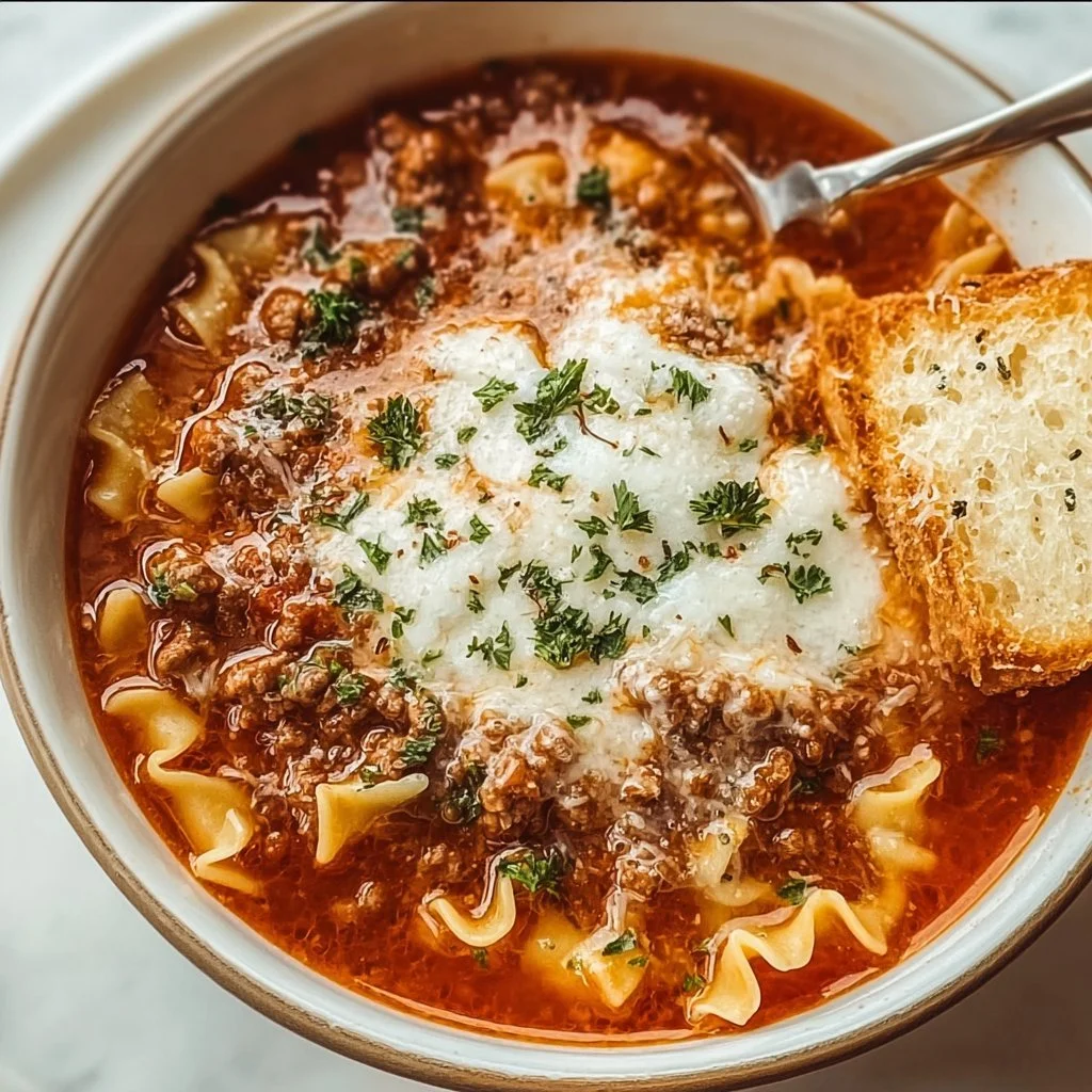 A bowl of Easy Lasagna Soup topped with cheese and fresh basil