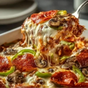 Easy Low Carb Pizza Casserole 3 Delicious low carb pizza casserole ready to serve on a plate