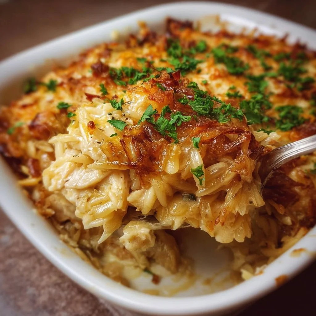 French Onion Chicken Orzo Casserole topped with melted cheese and crispy onions.