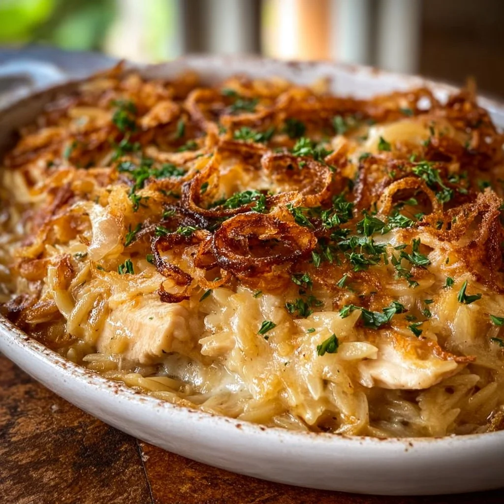French Onion Chicken Orzo Casserole