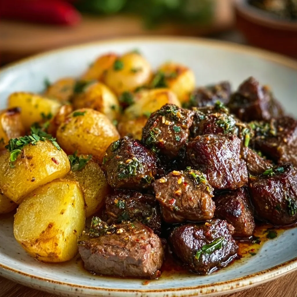 Garlic Butter Beef Bites with crispy potatoes on a plate