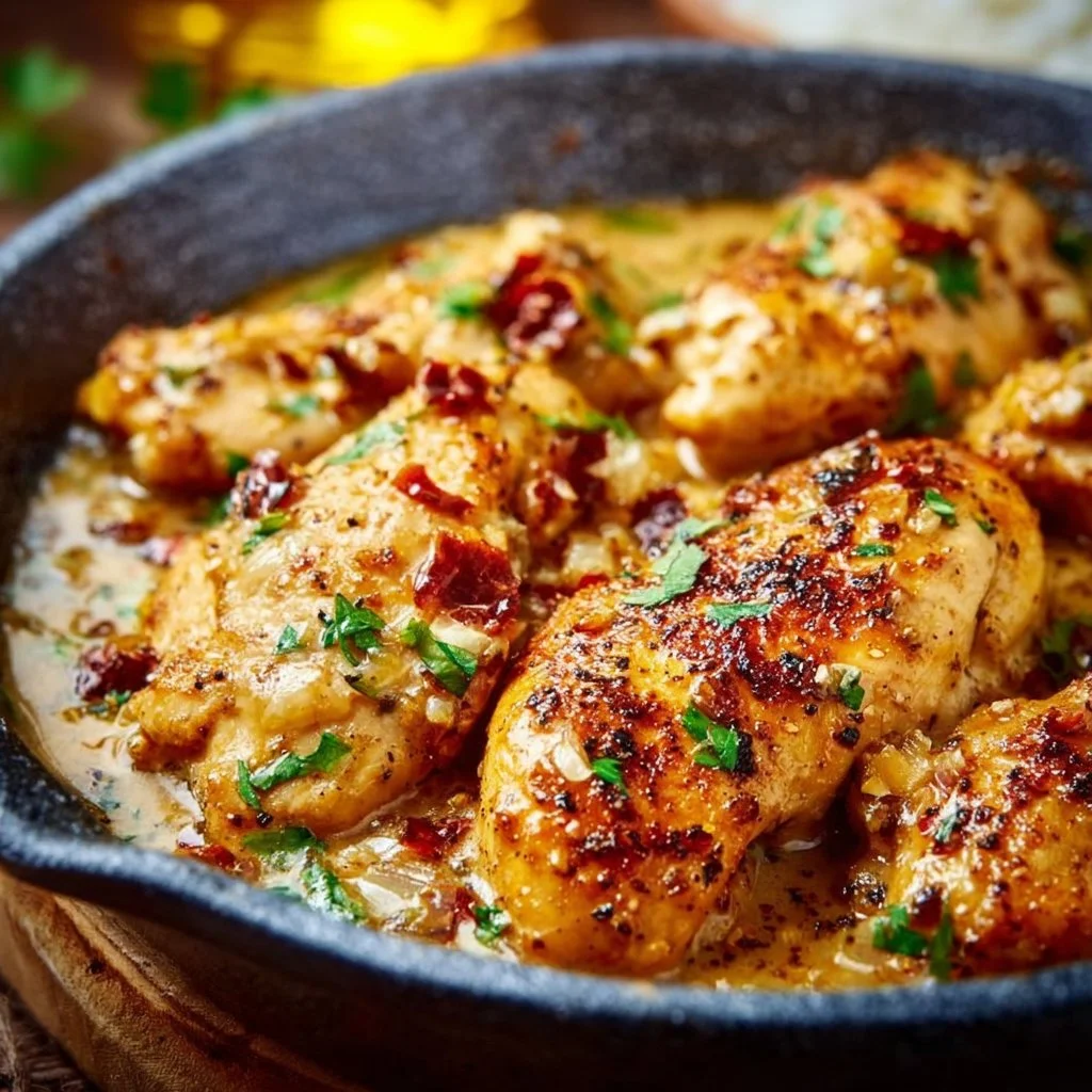 Delicious Garlic Butter Chicken served on a plate with herbs.