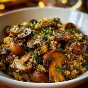 A bowl of Garlicky Mushroom Quinoa with sautéed mushrooms and garlic