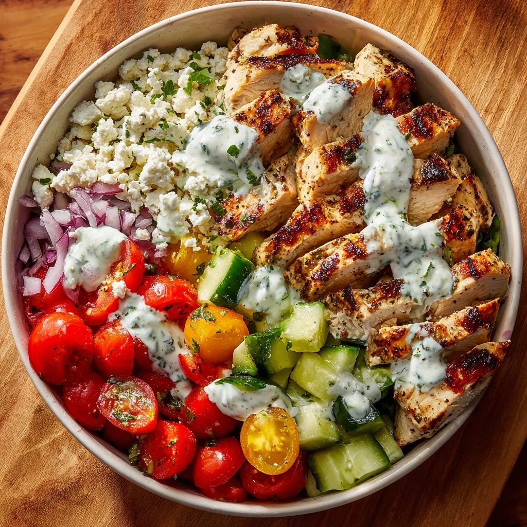 Delicious Greek Chicken Bowls with fresh vegetables and herbs