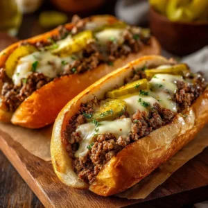Delicious Ground Beef Philly Cheesesteaks served on a toasted hoagie roll