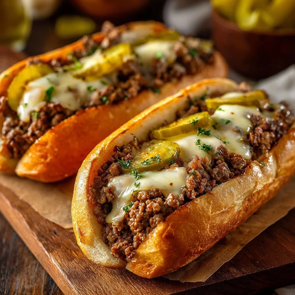 Delicious Ground Beef Philly Cheesesteaks served on a toasted hoagie roll
