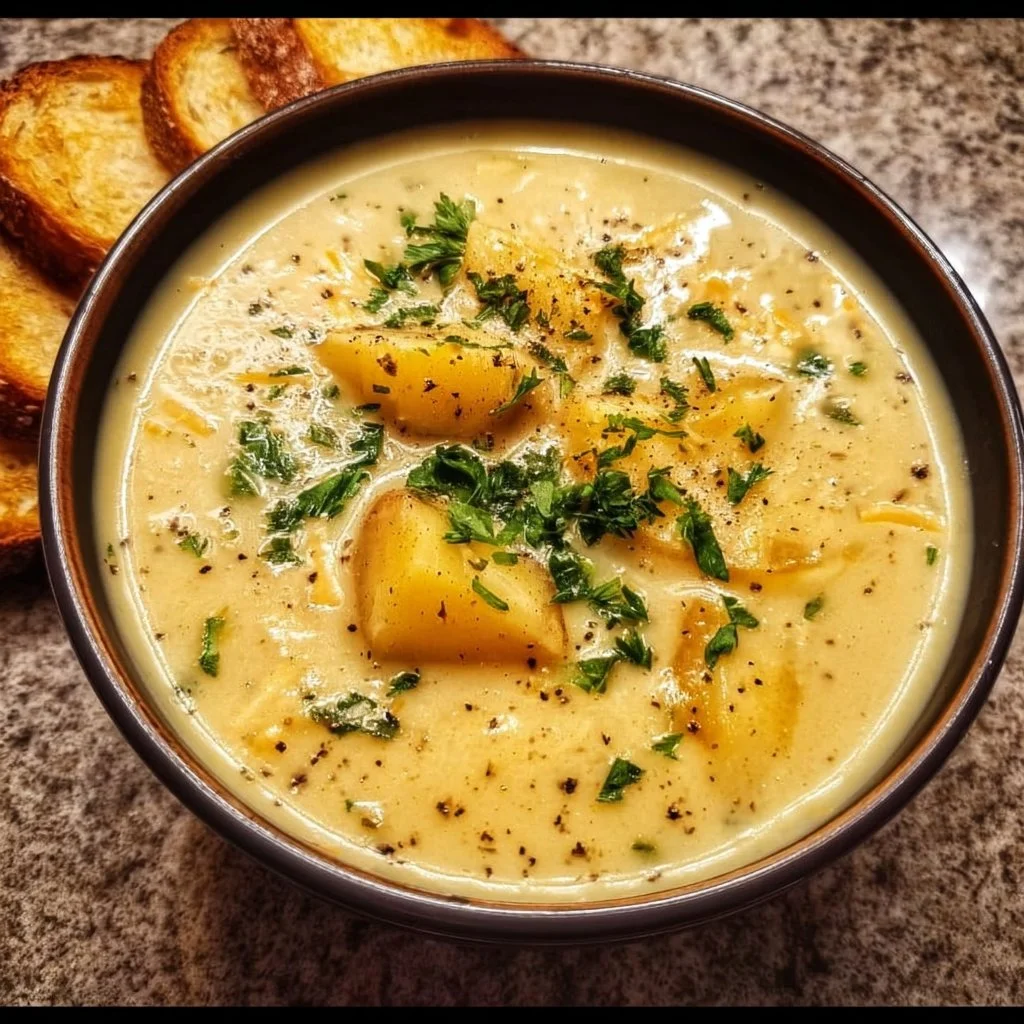 Hearty Cheddar Garlic Herb Potato Soup topped with herbs and cheese
