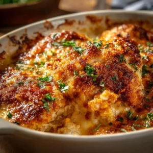 High Protein Chicken Parmesan Casserole 3 High Protein Chicken Parmesan Casserole served in a baking dish with cheese topping