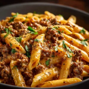 High Protein Creamy Beef Pasta 3 High protein creamy beef pasta dish with herbs and cheese