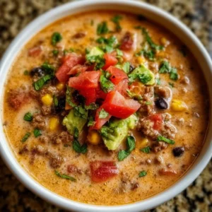Bowl of high protein creamy taco soup topped with cheese and cilantro