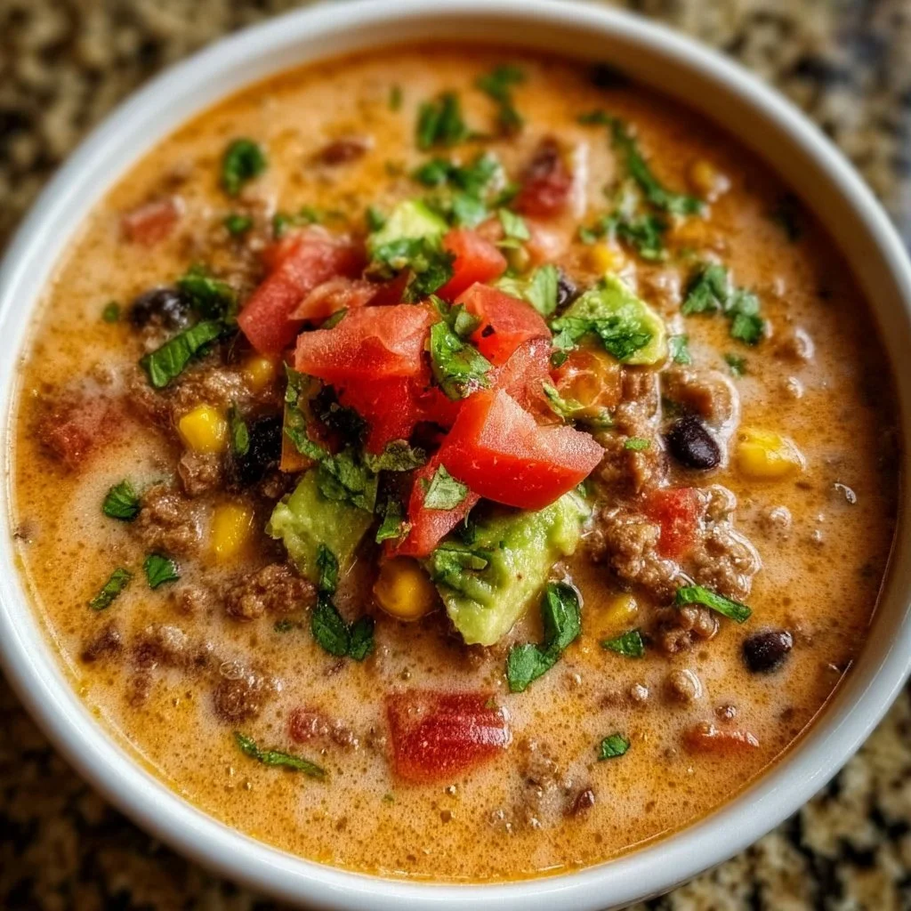 Bowl of high protein creamy taco soup topped with cheese and cilantro
