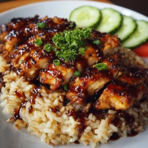 Honey BBQ Chicken Rice served with fresh vegetables on a plate