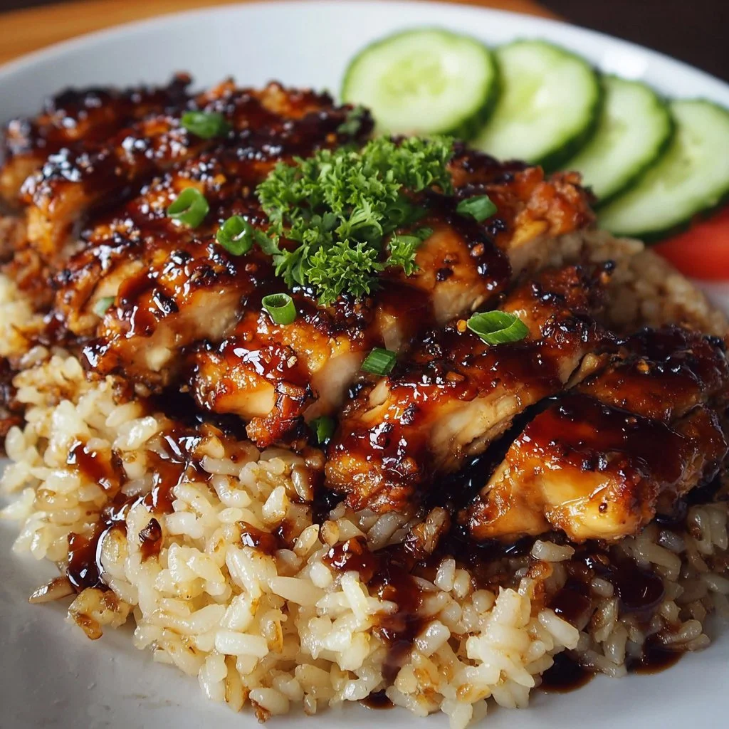 Honey BBQ Chicken Rice served with fresh vegetables on a plate