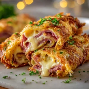 Keto Crispy Reuben Roll-Ups 3 Platter of Keto Crispy Reuben Roll-Ups with pickles and dipping sauce.