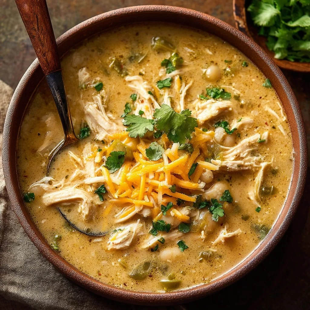 Bowl of Keto White Chicken Chili topped with herbs and avocados