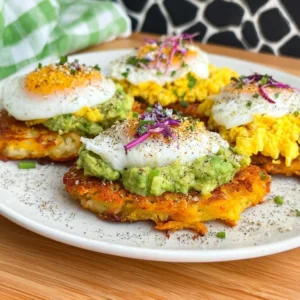 Delicious Loaded Hash Browns topped with cheese, bacon, and fresh toppings.