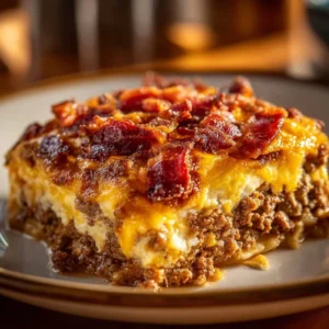 Low-carb bacon cheeseburger casserole in a baking dish with toppings