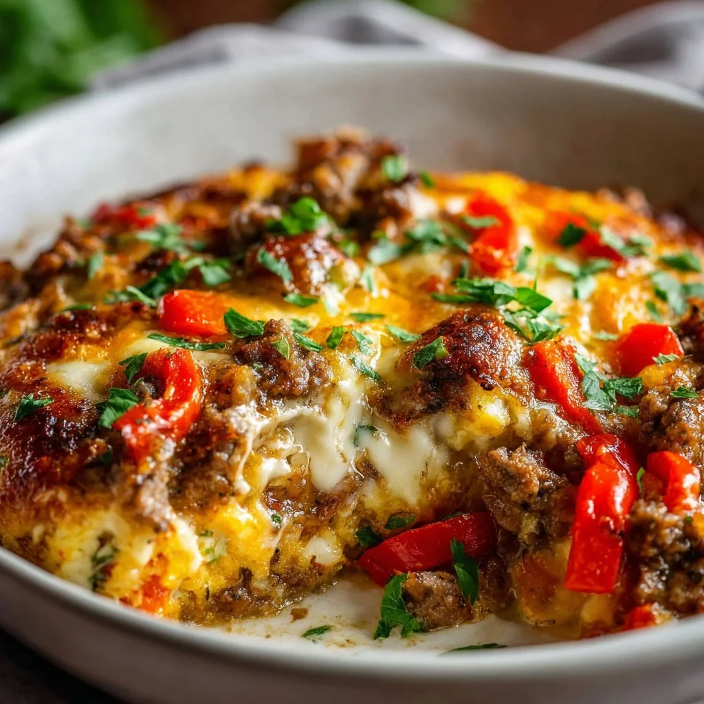 Delicious low carb Philly cheesesteak casserole baked with cheese and peppers