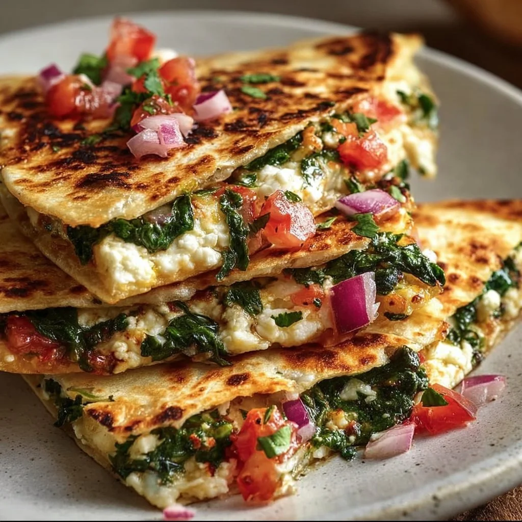 Mediterranean Quesadillas with spinach, feta, mozzarella, and red onion