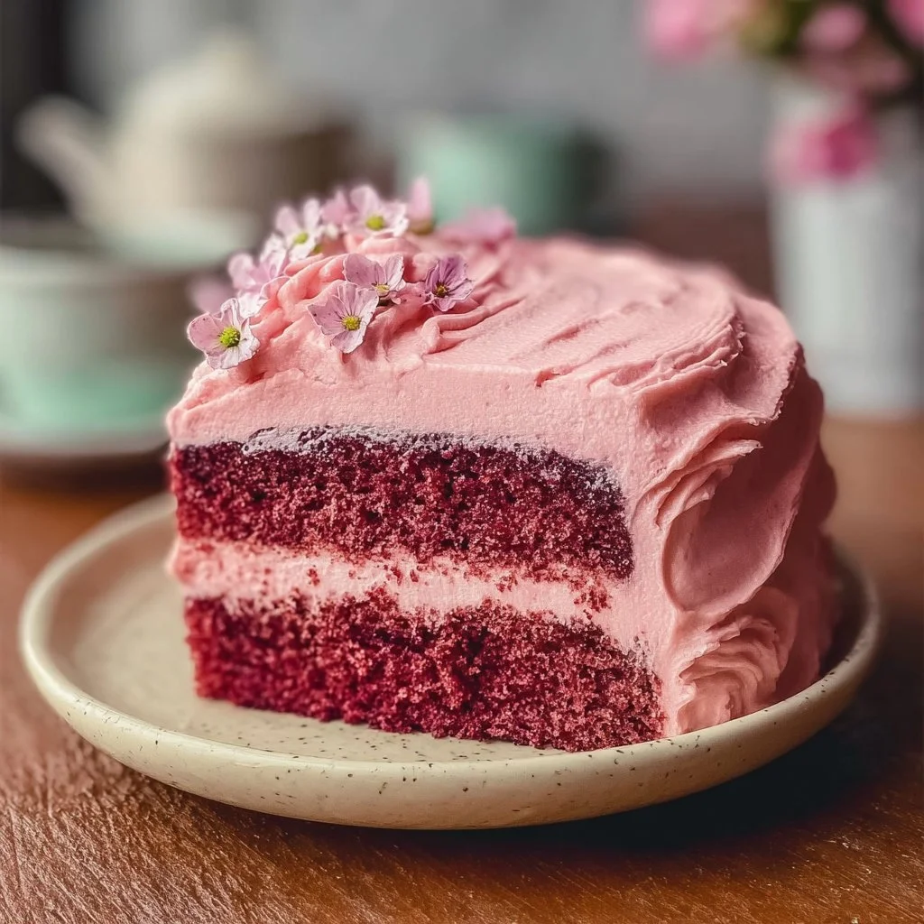 Mother's Day Pink Velvet Cake topped with cream cheese frosting and fresh berries.