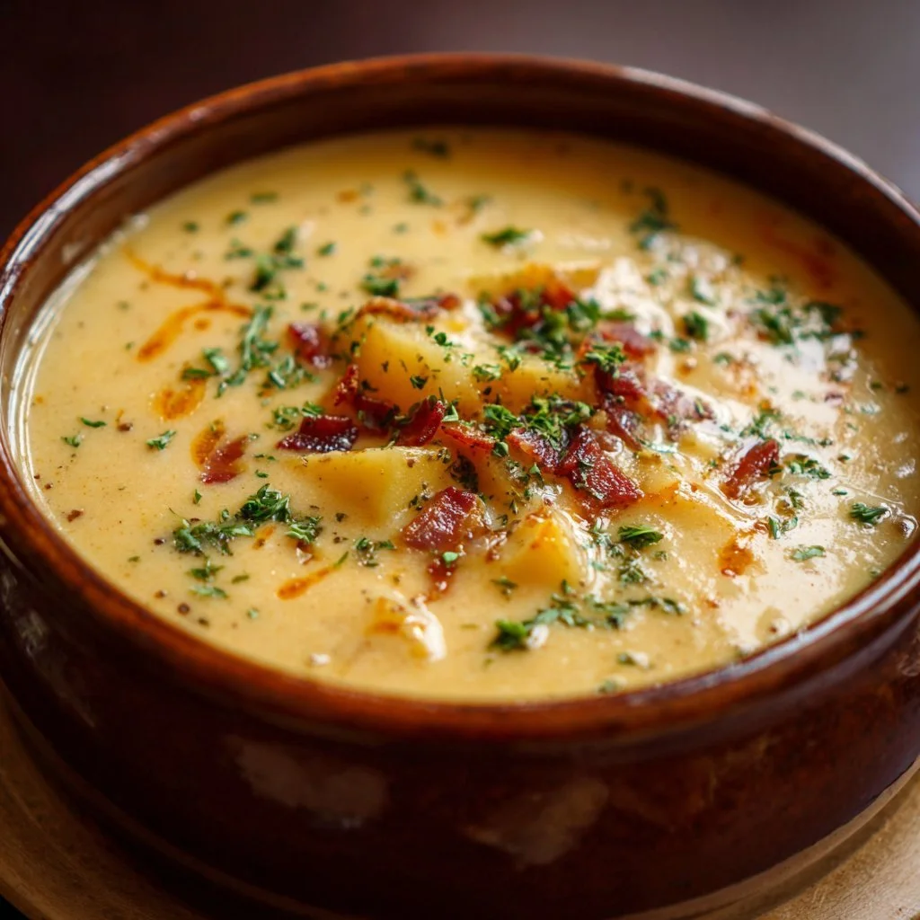 Delicious bowl of Outback Potato Soup garnished with fresh herbs