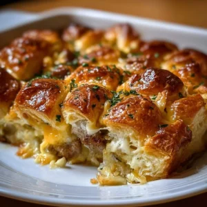 Deliciously baked overnight croissant breakfast casserole with eggs and cheese.