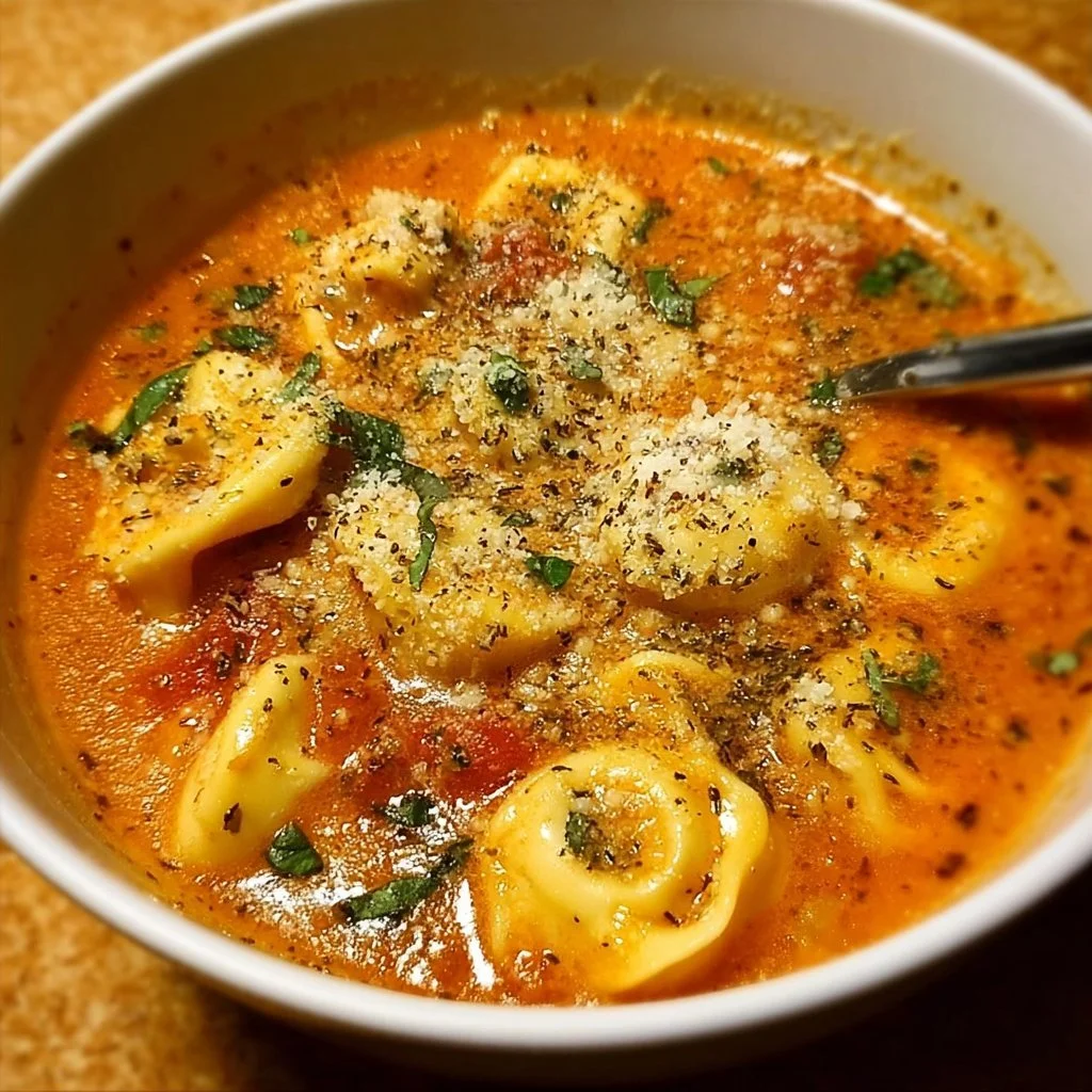 Bowl of Parmesan Tomato Tortellini Soup garnished with herbs and cheese