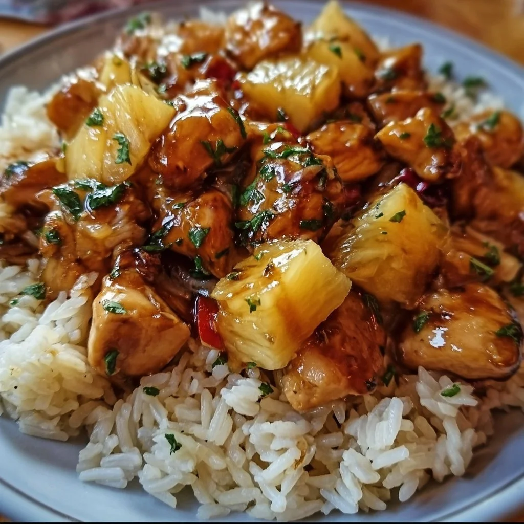 Plate of pineapple chicken served with rice and garnished with fresh herbs.