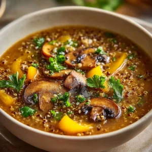 Protein-Packed Mushroom Quinoa Soup 3 A bowl of protein-packed mushroom quinoa soup garnished with fresh herbs