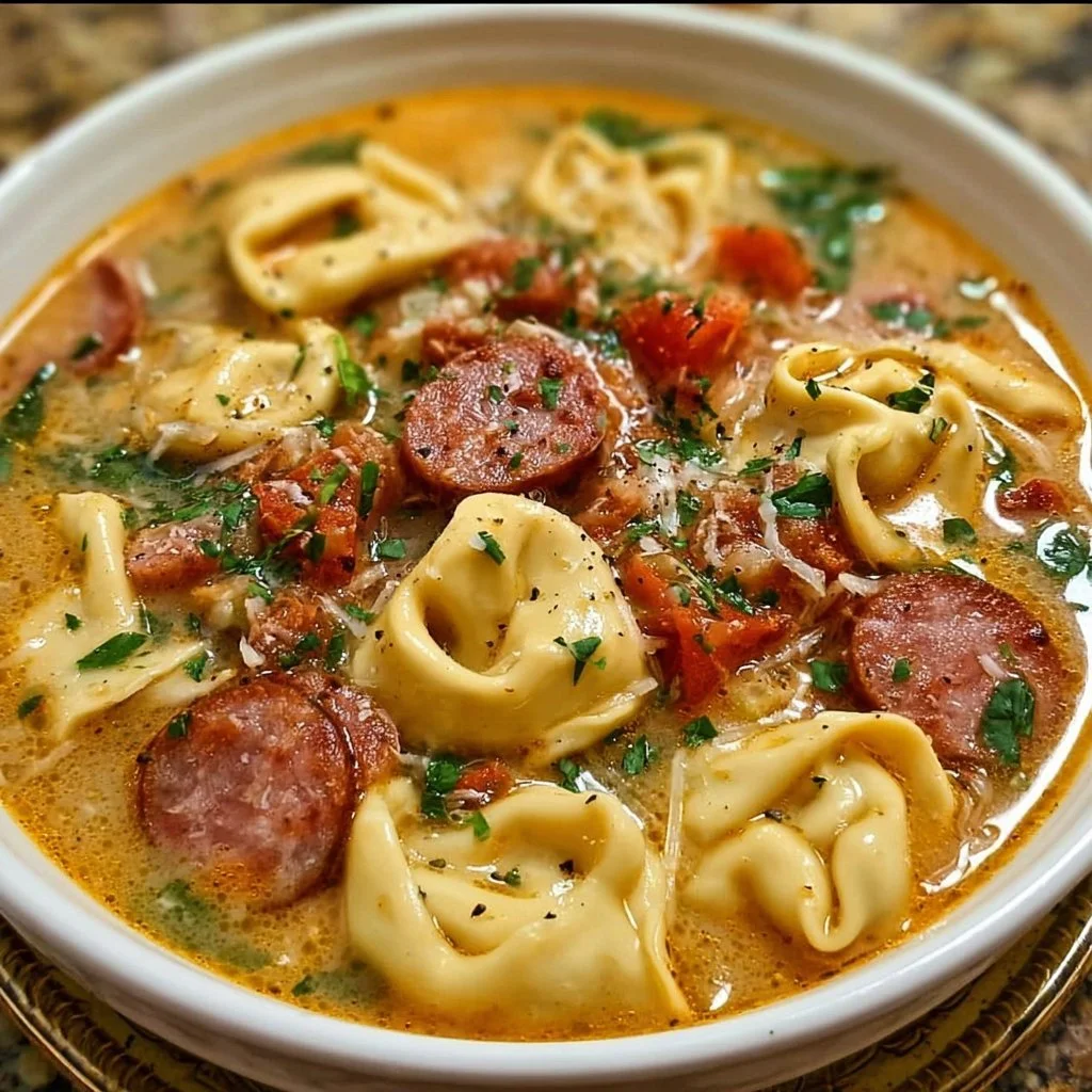 Bowl of Quick Kielbasa Tortellini Soup with fresh herbs and tortellini