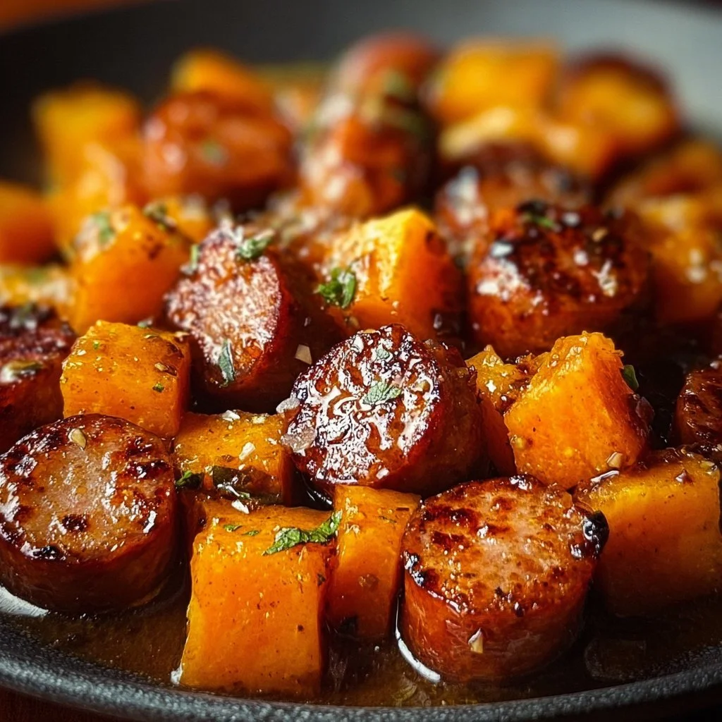 Sausage and sweet potatoes with honey garlic sauce on a plate