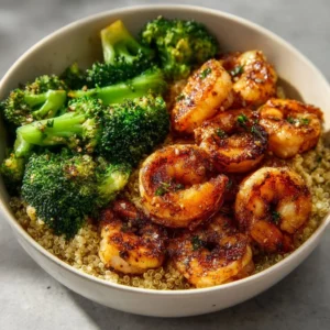 Colorful Shrimp Quinoa Bowl with vegetables served in a rustic bowl