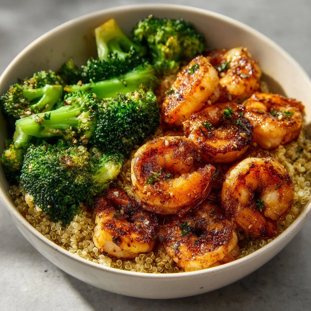 Colorful Shrimp Quinoa Bowl with vegetables served in a rustic bowl