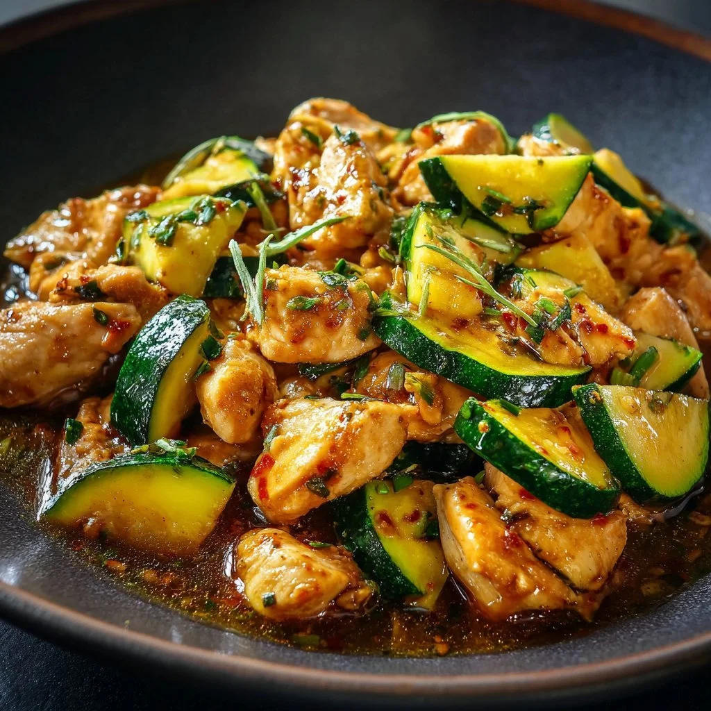 Delicious chicken zucchini stir fry in a pan with colorful vegetables