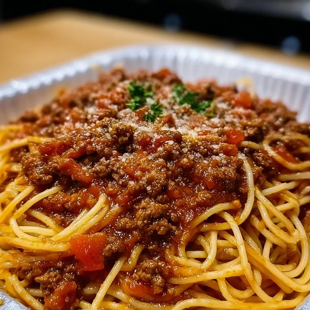 Plate of spaghetti topped with hearty meat sauce