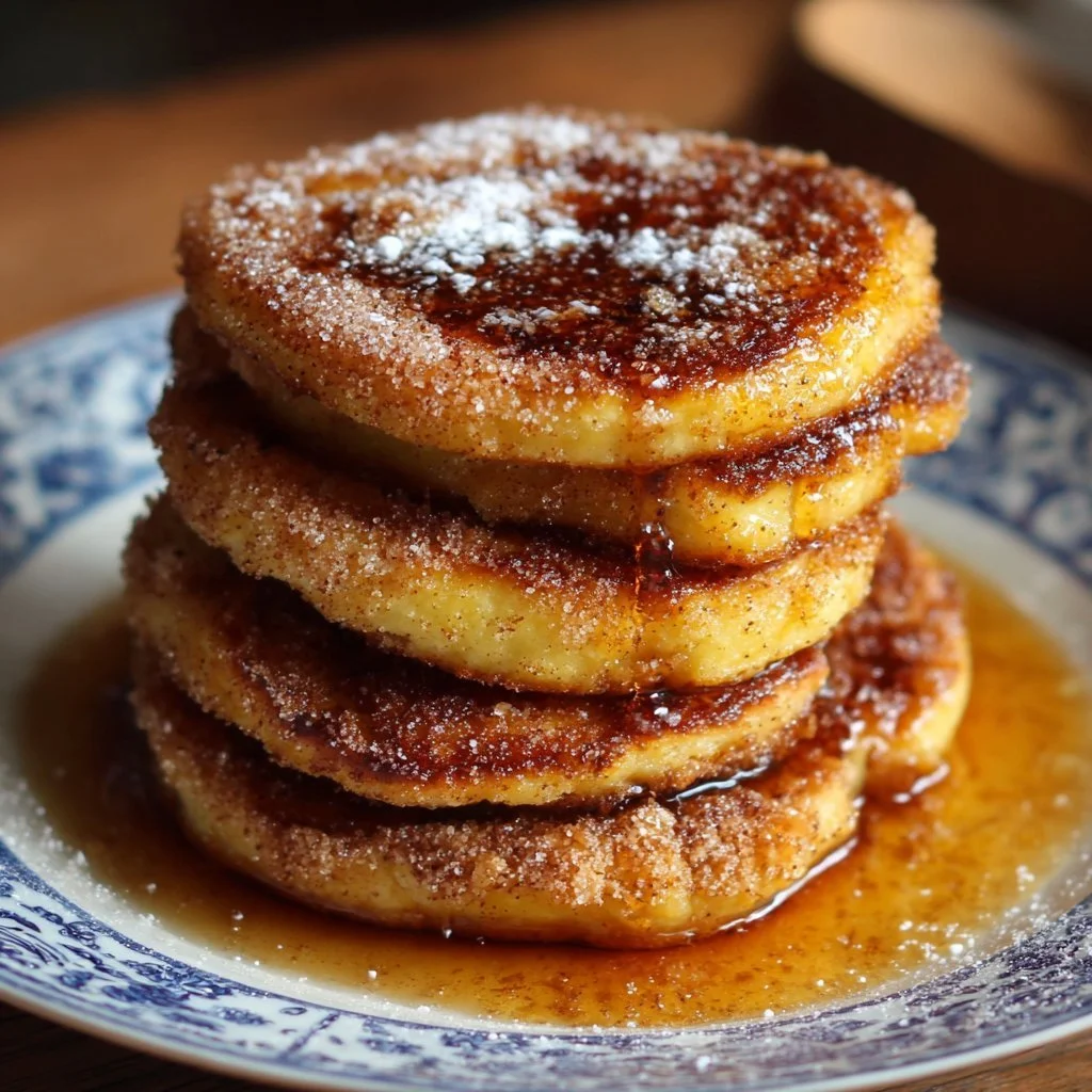 Delicious Spanish churro-inspired pancakes dusted with cinnamon sugar